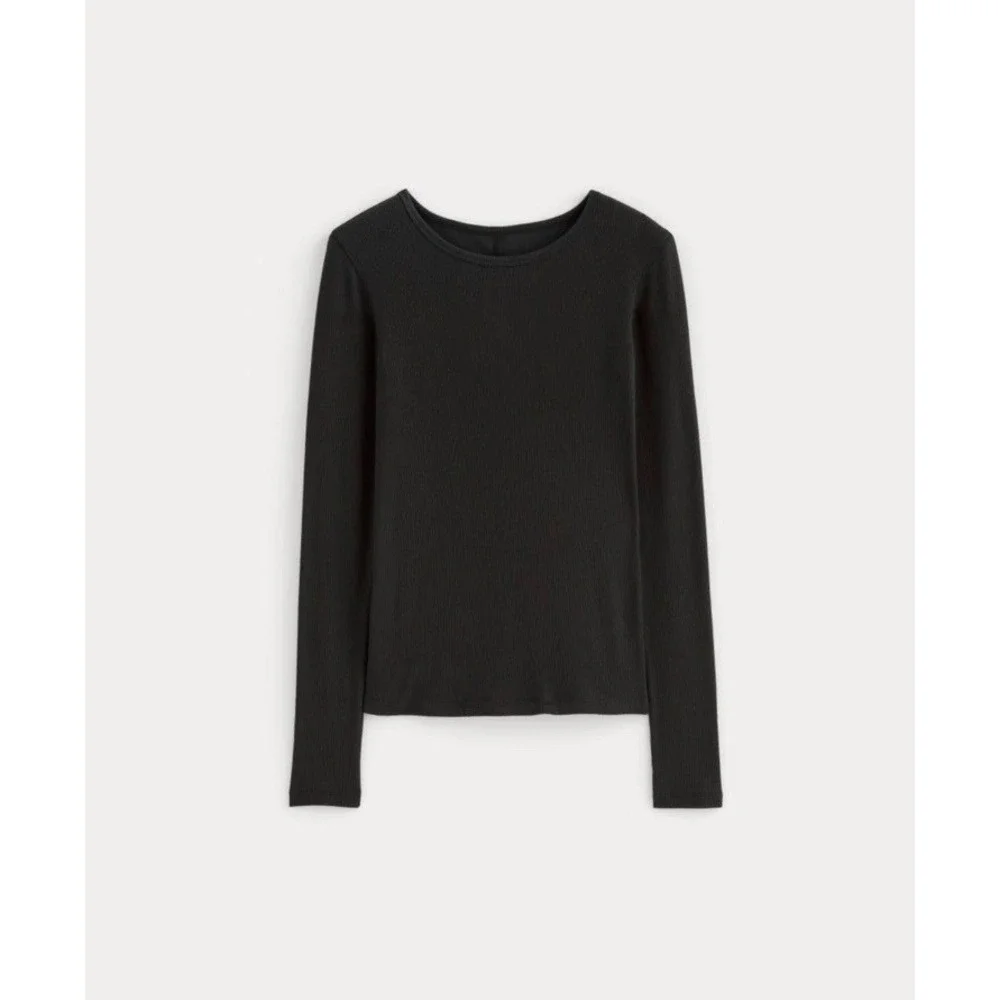Everlane NWT Supima Cotton Luxe Micro-rib Long Sleeve Crew Black Small - Picture 3 of 8